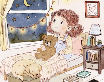 Op de afbeelding: Waterverfillustratie van een kind in een slaapkamer 's nachts. Het kind zit op een bed met een teddybeer en kijkt door een raam naar een maan en sterren. Een hond slaapt aan het voeteneinde van het bed.