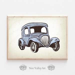 Vintage Blue Car print for Nursery, Transportation Wall Art Set, Vintage Illustration Baby Room Decor
