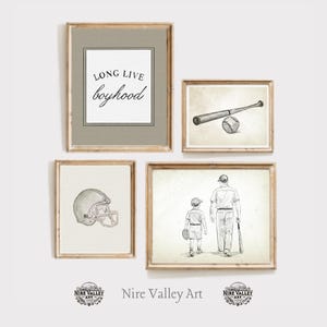 Baseball Wall Art Set of 4, Vintage Sports Prints, Sage Green Boys Nursery Decor, Football Artwork, Boy Playroom Gallery Wall
