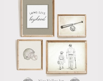 Baseball Wall Art Set of 4, Vintage Sports Prints, Sage Green Boys Nursery Decor, Football Artwork, Boy Playroom Gallery Wall