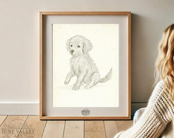 ゴールデンレトリバーの子犬の鉛筆スケッチプリント、犬のウォール