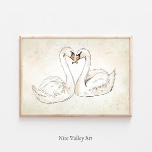 Vintage style Swans Art Print, Nursery Printable Gallery Wall Art, Neutral Sketch Illustration,Romantic Heart Sketch, Light Academia Decor
