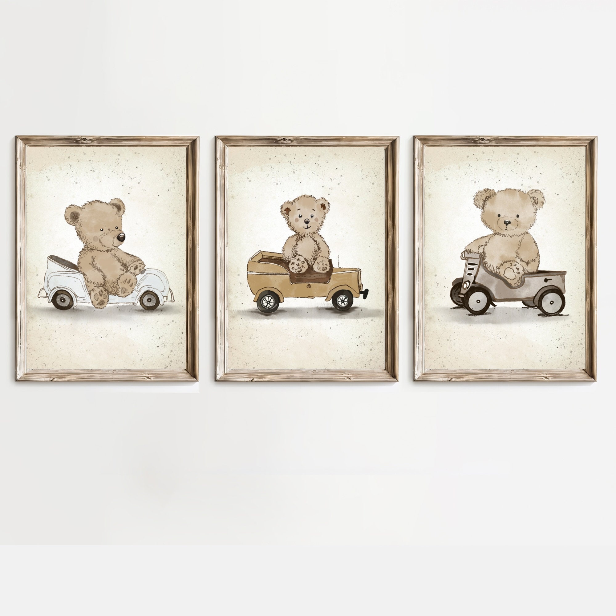 Vintage Teddy Bear Nursery Prints, Set of 3 Vintage Car Printables