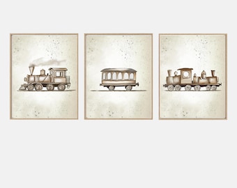 Vintage Train Nursery Prints, Set of 3 Vintage Car Printables, Gender Neutral Print, Antique Children's Poster Print, Digital Download
