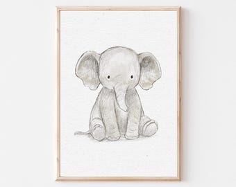Arte de pared de elefante para guardería, impresión de elefante bebé, decoración de animales de safari, ilustración de elefante adorable, póster para habitación infantil de género neutro
