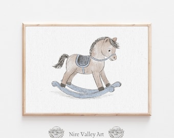 Blue Rocking Horse Wall Art, Baby Boy Nursery Print, Kids Room Decor, Toddler Boy Wall Art, Vintage Rocking Horse Poster Printable