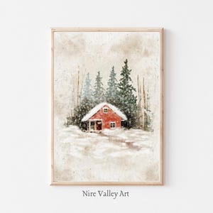 Pintura de acuarela de paisaje nevado de invierno, impresiones de pared de galería de Navidad vintage, impresiones neutras, arte de pared imprimible, descarga digital