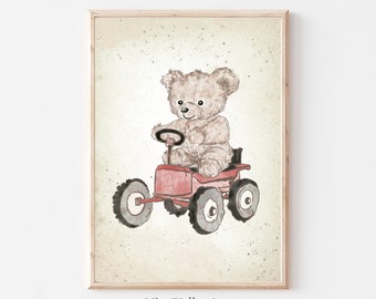 Impressão de urso de pelúcia para berçário, impressão de carro vintage, arte de parede neutra de gênero para impressão, ilustração vintage, esboço de decoração de quarto de bebê