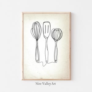 キッチンの壁アート、線画キッチンプリント、調理器具プリント、キッチン装飾、線画、食品飲料プリント、ダイニングルームの壁装飾、