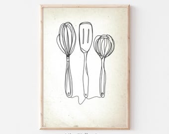 Kitchen Wall Art, Line Drawing Kitchen Prints, Utensils Print, Kitchen Decor, Line Art, Food Drink Print, Dining room wall decor,