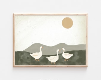 Vintage Nursery Decor Print, geese Wall Art print, farmhouse wall art Sketch, country Core farm painting, bird Illustration painting