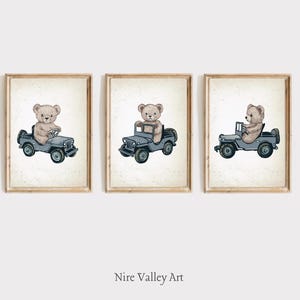Vintage Teddybär-Kinderzimmerdruck, 3er-Set Vintage Jeep-Auto-Drucke, blaues Kinderzimmer-Druck, antikes Kinderplakat