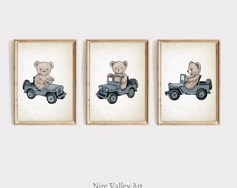 Vintage Teddy Bear Nursery Prints, Set of 3 Vintage Jeep Car Printables, Blue Nursery  Print, Antique Children's Poster Print