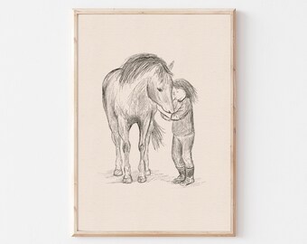 印刷可能な馬のプリント、鉛筆画の馬の壁アート、白い馬のスケッチ