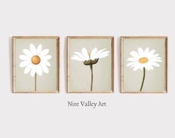 May include: Set of three framed prints featuring white daisies with yellow centers on a light green background. The prints are in simple wooden frames.