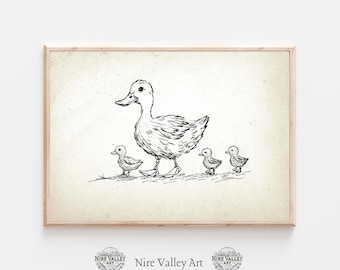 Vintage Ducks in a row  Print, Nursery Gallery Wall Printable, Gender Neutral Sketch , Farmhouse Nursery Illustration, Baby Room Decor
