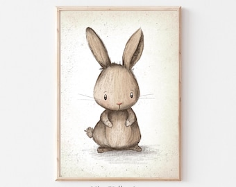 Hand-Drawn Bunny Nursery Art Print - Vintage Woodland Animal Decor for Kids’ Room - Cute Rustic Bunny Illustration, Baby Shower Gift Idea