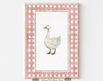 Goose Nursery Wall Art, Pink Country Vintage Gallery Wall PRINTABLE, Neutral Rustic Sketch Art, Happy Goose