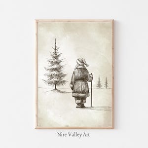 Vintage Christmas Santa Claus Print, Christmas Wall Art  Printable, Neutral Winter Holiday Decor, Neutral Christmas Tree drawing, Poster