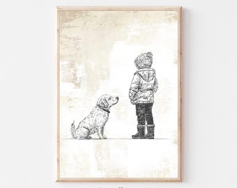Vintage jongen en hond kinderkamer print, schets hond kinderkamer, antieke vintage afdrukbare, genderneutrale kunst, tekening hond, hond kunst aan de muur