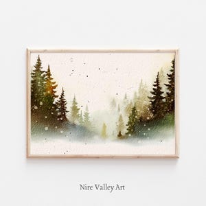 Impresión vintage de bosque de hoja perenne, pintura de acuarela vintage de invierno, galería de pared navideña, arte de pared rústico imprimible, descarga digital