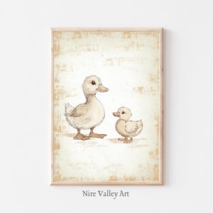 Vintage Mother Duck and Duckling Print, Nursery Gallery Wall Printable, Gender Neutral Sketch , Farmhouse Illustration, Baby Room Decor