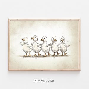 Nursery Dancing Ducks Print, Vintage Gallery Wall Printable, Gender Neutral Sketch , Farmhouse Nursery Illustration, Baby Room Decor