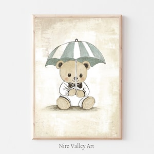 Vintage Nursery Gallery Wall Printable, Sage Green Teddy Bear Sketch Print, Bear Umbrella, Pastel Baby room Decor, Digital Download