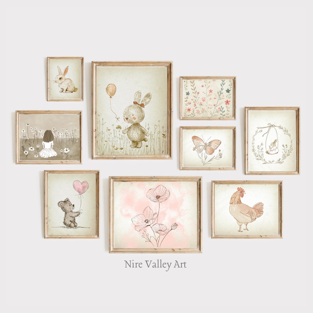 Vintage Nursery Wall Art Set of 9, Girls Prints With Teddy Bear, Rabbit ...