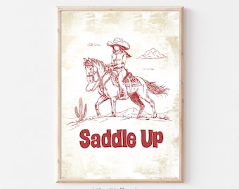 Western Wall Art  Print, Vintage Saddle Up Printable, Retro Pink Western Wall Art Decor, Rustic Trendy Cowgirl Prints, Digital Download