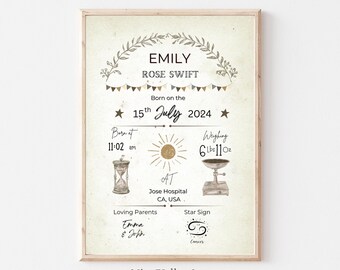 New Baby Nursery Print, Vintage Custom New Baby Gift, Personalized Nursery Print, Birth Details Gift, Keepsake Print, Gender Neutral