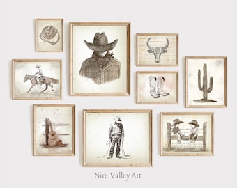 Western Wall Art Print Bundle, Vintage Gallery Wall Art,Cowboy Cowgirl Nursery Decor, Wild West Posters, Digital Download, Set of 9 Prints