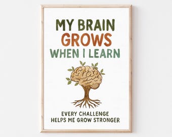 Decoración de sala de juegos, póster de mentalidad de crecimiento, arte mural motivacional para niños, imprimible con cita positiva, impresión de aprendizaje para el aula