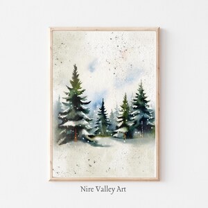 Decoración navideña, arte de árbol de Navidad vintage imprimible, arte de pared con acuarela de bosque nevado, decoración navideña, arte de pared de invierno, descarga digital, impresión