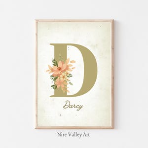 Impresiones de guardería, impresión de nombre inicial personalizada, arte de pared de bebé de flores vintage, signo de nombre de bebé imprimible, carta personalizada para guardería