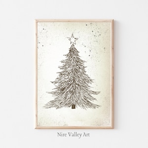 Christmas Tree Print, Vintage Pine Tree Sketch, Christmas Gallery Wall, Rustic Printable Wall Art, Vintage Christmas Decor, Digital Download