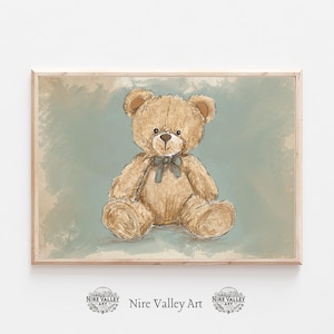 Vintage Nursery Toy Teddy Bear Sketch, Sage Green Neutral Wall Art Printable, Vintage Illustration, Baby  Room Decor