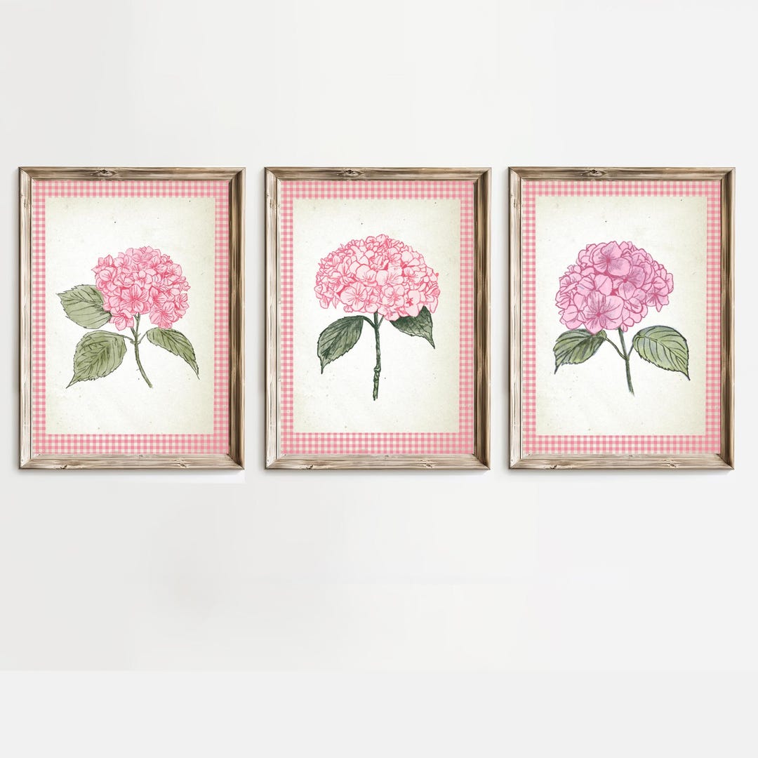 Pink Hydrangea Floral Print Set of 3, Vintage Pink Wall Decor, Gallery ...