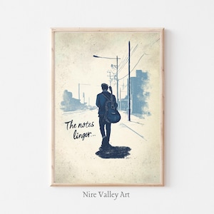 May include: A blue and white illustration of a person walking down a street with a guitar on their back. The text "The notes linger..." is written below the person.