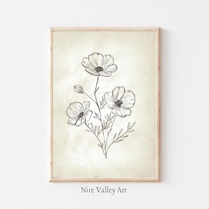 Vintage Flower Print, Nursery Floral Wall Decor Sketch, botanical Gallery Wall Art, Fine Art Posters, Neutral Sketch Print, Digital Download