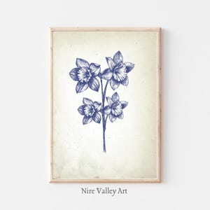 Vintage Floral Print, Blue Wall Decor, 4 Daffodil Flowers, Botanical Fine Art Posters, Neutral Sketch Art Prints, Digital Download