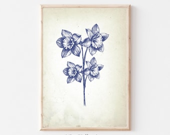 Impresión floral vintage, decoración de pared azul, 4 flores de narciso, carteles de bellas artes botánicas, impresiones de arte de bocetos neutros, descarga digital