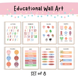 Decorazione per aule Montessori, set di 8 poster educativi per bambini piccoli, poster dell'alfabeto per bambini, numeri, sentimenti - perfetto per l'istruzione parentale