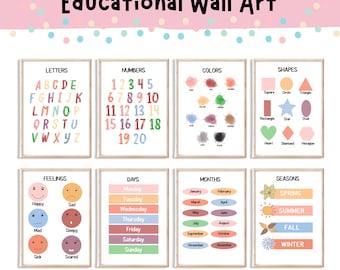 Montessori Classroom Decor,Set of 8 Educational Posters for Toddlers,  Kids Alphabet Poster, Numbers, Feelings - Perfect for Homeschooling