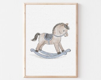 Blue Rocking Horse Wall Art, Baby Boy Nursery Print, Kids Room Decor, Toddler Boy Wall Art, Vintage Rocking Horse Poster Printable