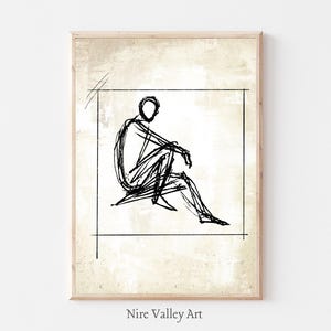 Figure Sitting Sketch, Vintage Minimalist Printable, Drawing Print, Neutral Fine Art, Abstract Line Art, Digital Download