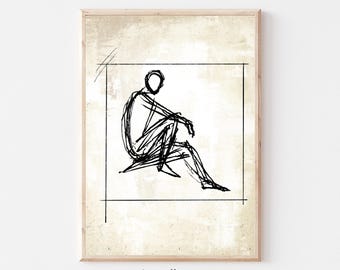 Figure Sitting Sketch, Vintage Minimalist Printable, Drawing Print, Neutral Fine Art, Abstract Line Art, Digital Download