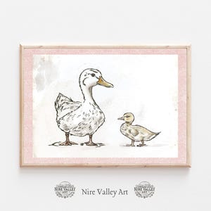Vintage Mother Duck and baby Duck Print, Pink Nursery Gallery Wall Printable, Baby Sketch , Farmhouse Illustration, Baby Room Decor