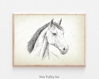 Vintage Horse Sketch, Horse Art Print, Printable Wall Art, Minimalist Neutral Drawing, Printable, Modern illustration, Digital Download