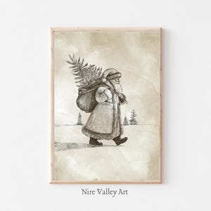 Vintage Christmas Santa Claus Print, Christmas Wall Art  Printable, Neutral Winter Holiday Decor, Neutral Christmas Tree drawing, Poster